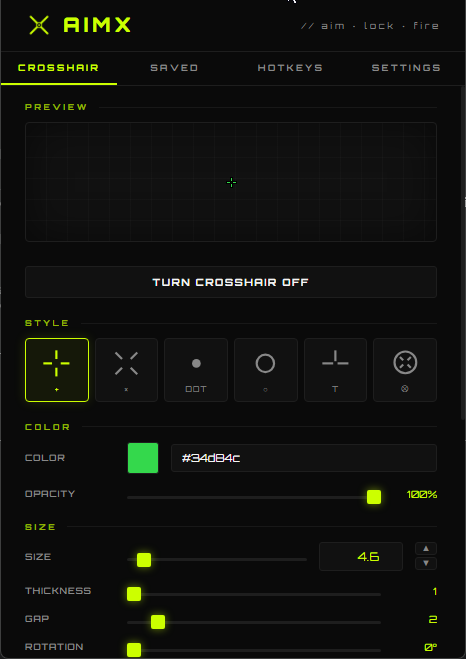 AimX crosshair editor showing live preview, style selection, color, opacity, and size controls