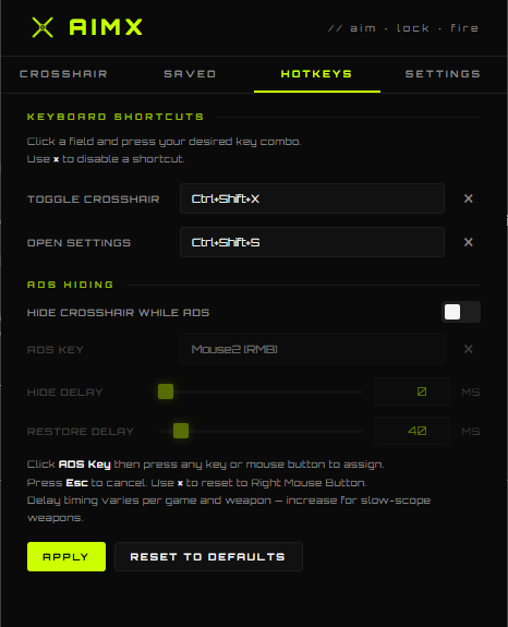 AimX hotkey and ADS hold-to-hide settings