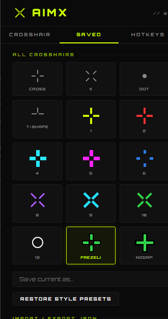 AimX saved crosshair grid with named presets and JSON controls