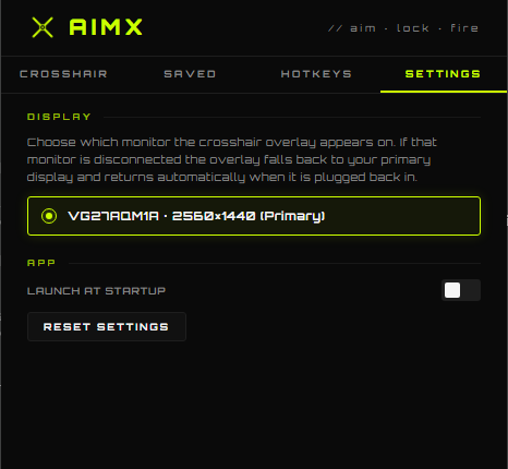 AimX display selector and Launch at Startup option